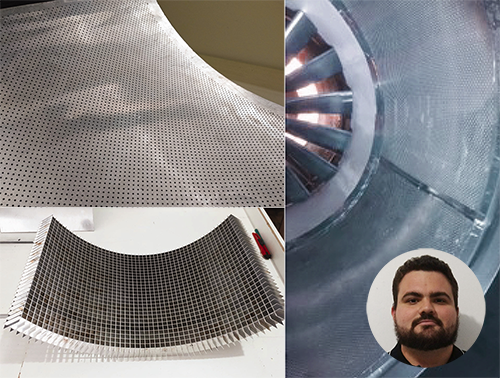 Three photos of acoustic liners for jet engine nacelles plus an inset photo of Lucas Bonomo.