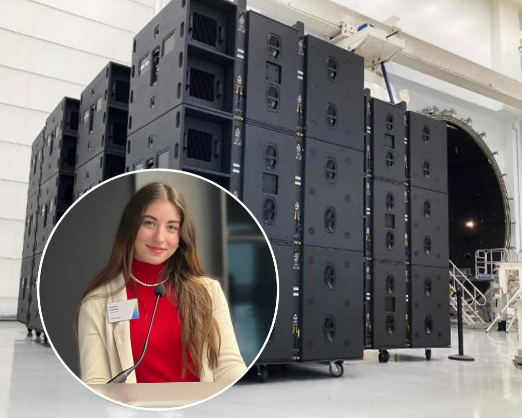 ARS Neutron Loudspeakers in RAL Space's National Satellite Test Facility, with photo of Despina Ioannide inset.