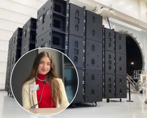 ARS Neutron Loudspeaker in RAL Space's National Satellite Test Facility with photograph of Despina Ioannide inset.