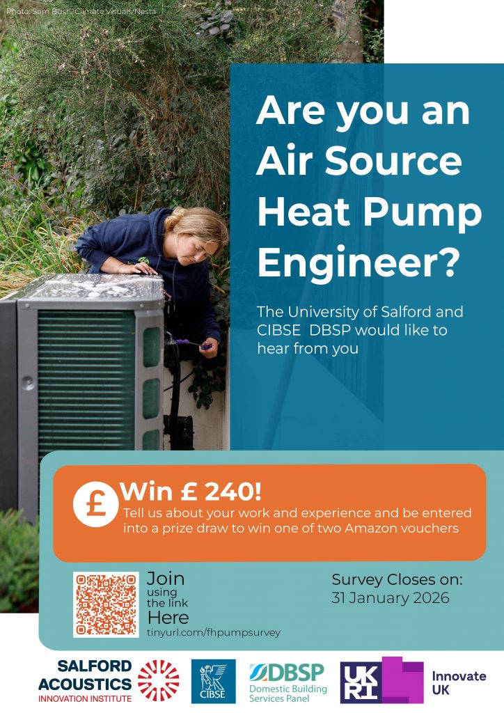 Image advertising a survey for heat pump engineers developed by the University of Salford. It shows a female engineer working on a pump.