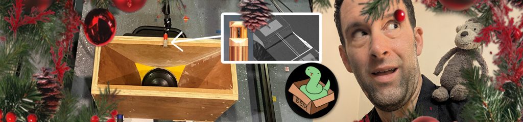 Montage showing a horn loudspeaker being measured with an intensity probe (detail of which in an inset), a cartoon snake in a box marked "BEM", Dr Jonathan Hargreaves, a christmas border, and a small Jellycat monkey.