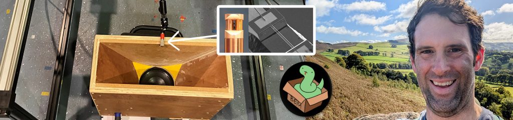 Montage showing a horn loudspeaker being measured with an intensity probe (detail of which in an inset), a cartoon snake in a box marked "BEM", & Dr Jonathan Hargreaves to the right