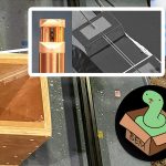 Montage showing a horn loudspeaker being measured with an intensity probe (detail of which in an inset), a cartoon snake in a box marked "BEM", & Dr Jonathan Hargreaves to the right