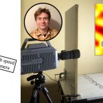 A deflectometry measurement set-up. Left: schematic. Right: photograph. Insets: plot of plate properties (rectangle) and Nicolas Madinier (round).